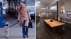 carolyn bessette kennedy in a camel prada jacket on the left and the interiors from love story on the right featuring glass bricks