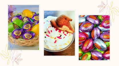 A spring template featuring a collage of the best Easter candy 2022, including Peeps, Creme Eggs and Reese's Mini Peanut Butter Eggs