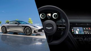 Astin Martin DB12 coupe shown next to new Apple CarPlay interface 