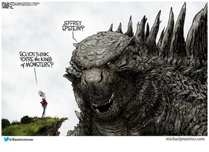 Political Cartoon U.S. Jeffrey Epstein Godzilla Monsters