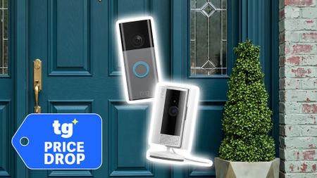 Ring Battery Doorbell and Ring Indoor Cam shown in front of a house door