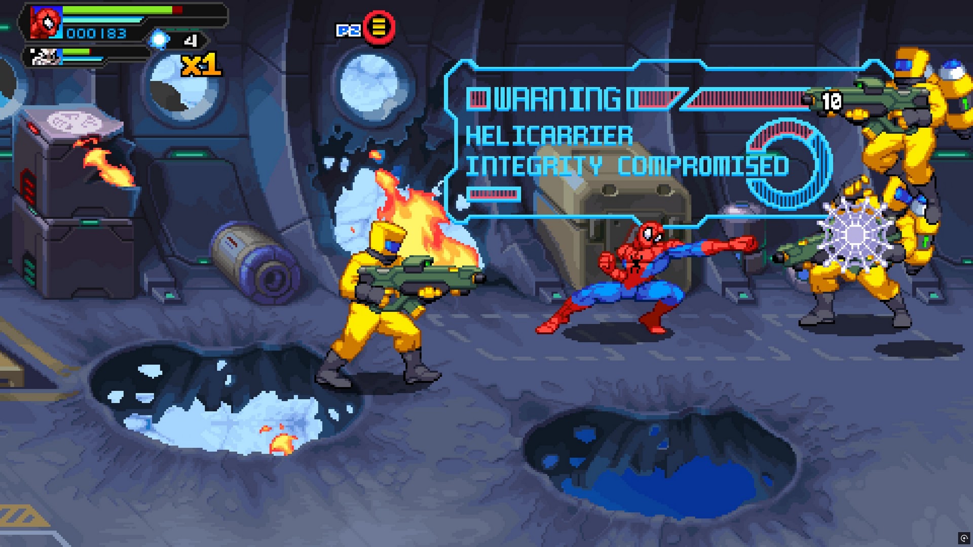 Spider-Man shoots webs at AIM soldiers in a SHIELD helicarrier in Marvel Cosmic Invasion