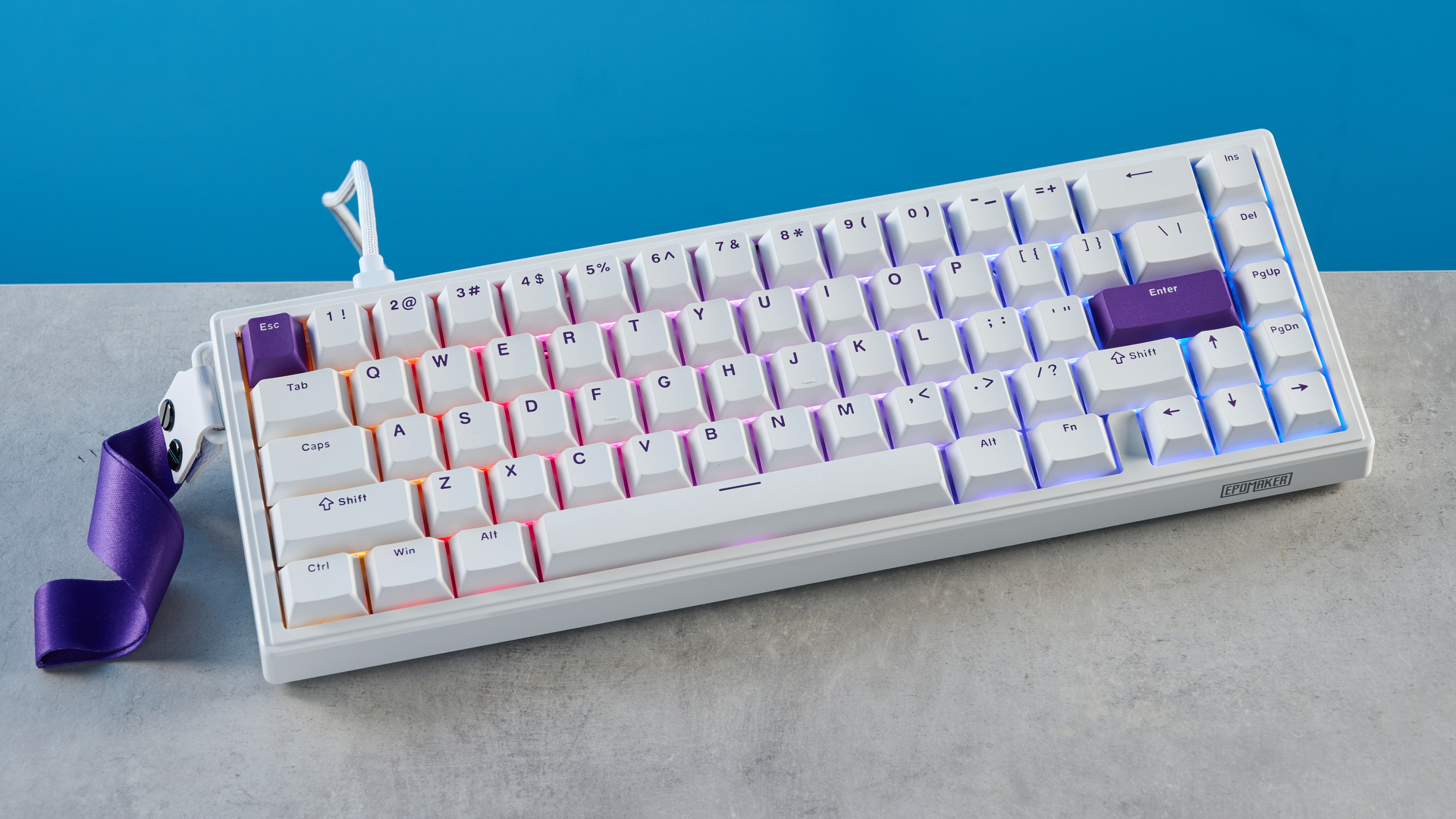 A white and purple Epomaker HE68 Hall Effect keyboard