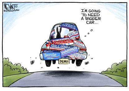 Political Cartoon U.S. Democratic race car 2020 presidential election