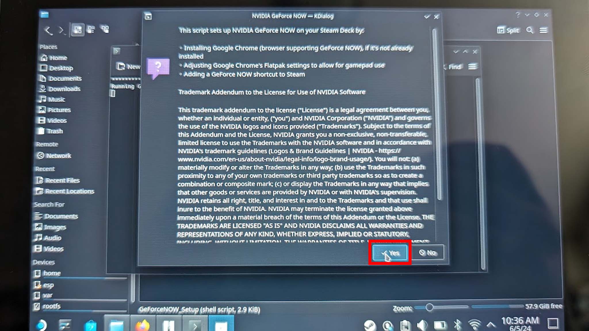 Install NVIDIA GeForce Now on Steam Deck: Select Yes.