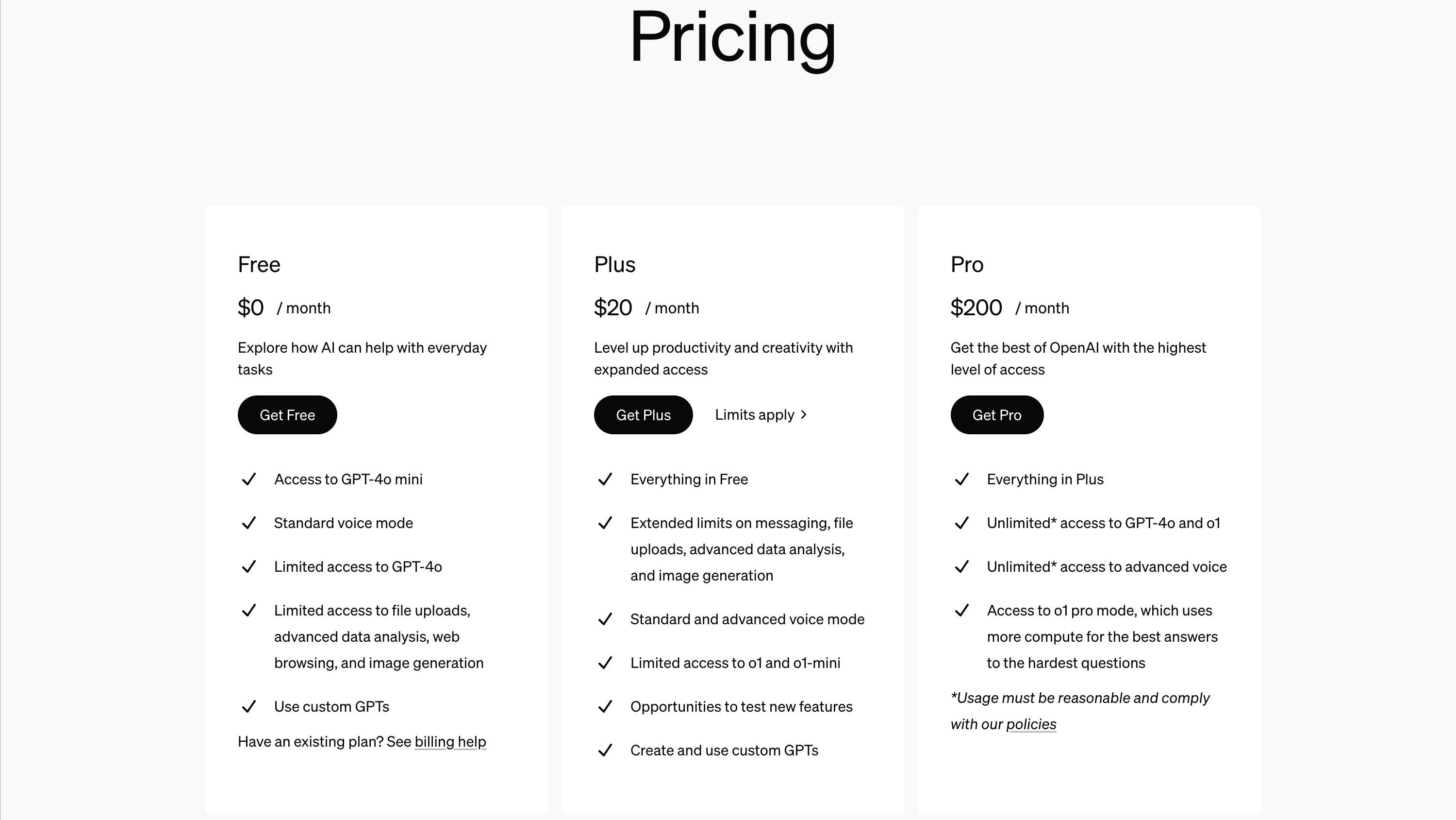 ChatGPT Subscription plans as of December 2024