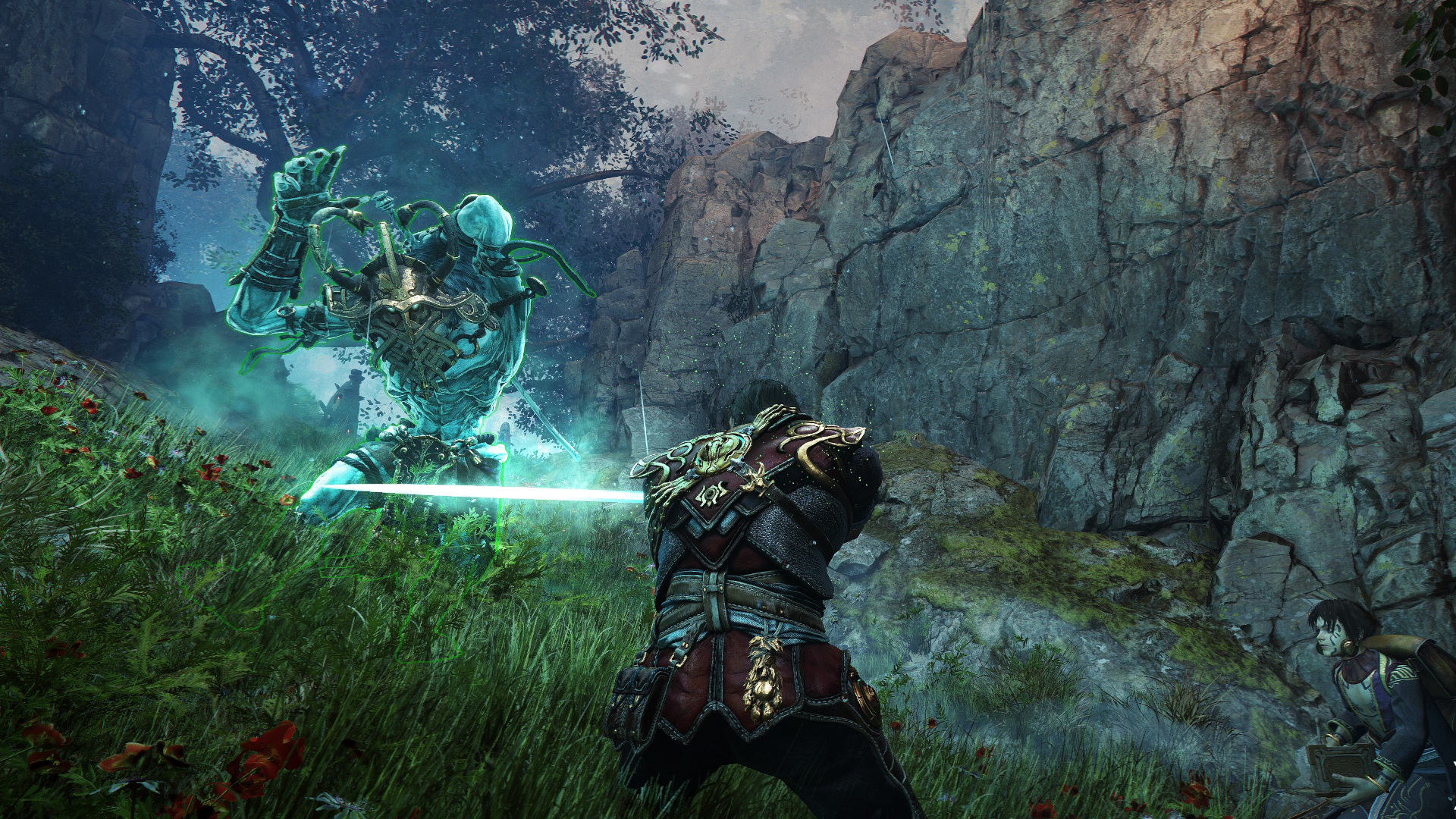 In Blades of Fire, the protagonist engages in a sword fight against a large, glowing creature