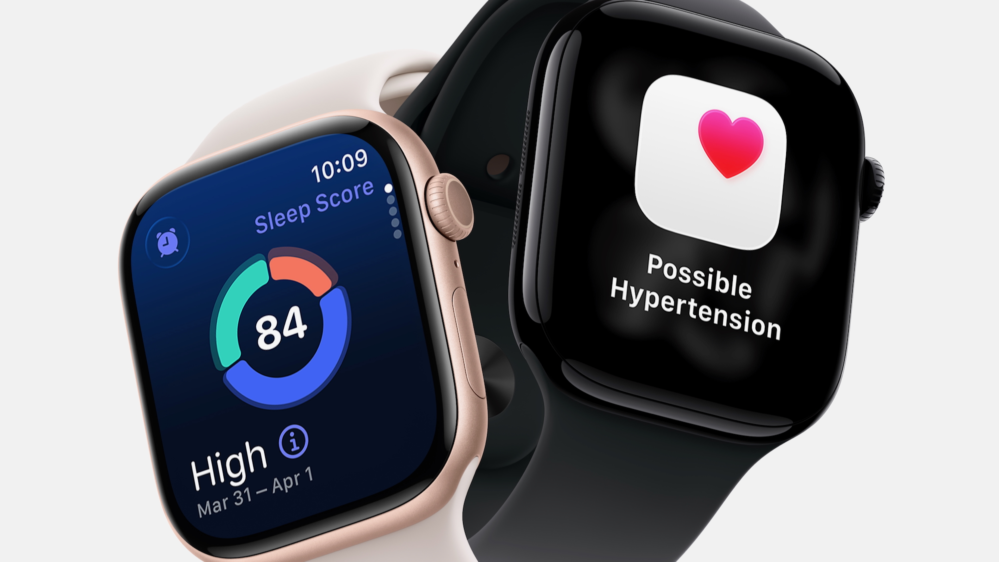 A render of two Apple Watch Series 11 models, one showing a Sleep Score, the other showing a &quot;Possible Hypertension&quot; alert.