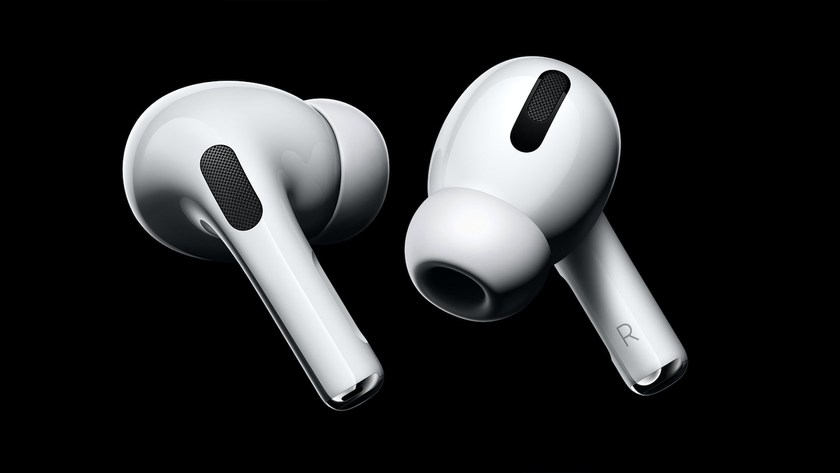 A pair of Apple AirPods Pro next to each other.