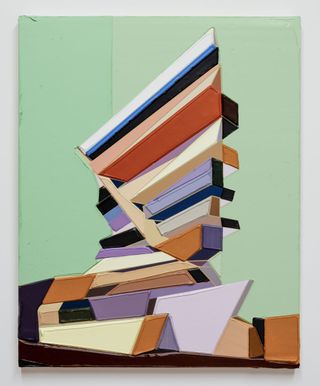 Architectural art painting by Tommy Fitzpatrick,. angles in multicolours on a pastel green background