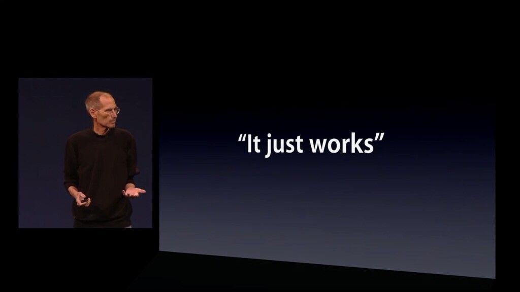 Steve Jobs at Apple Event with the text &quot;It just works&quot; on the screen