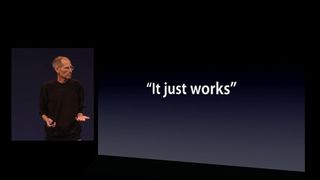 Steve Jobs at Apple Event with the text "It just works" on the screen