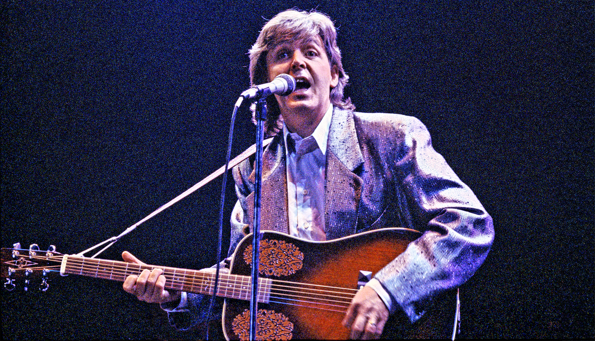 Paul McCartney performing on stage at The Prince&#039;s Trust 10th Birthday Party at Wembley Arena, London, United Kingdom on 20th June 1986.