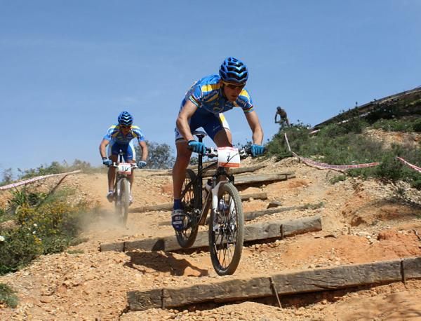 Orbea's Inaki Lejarreta Errasti leads on a stairstep descent.