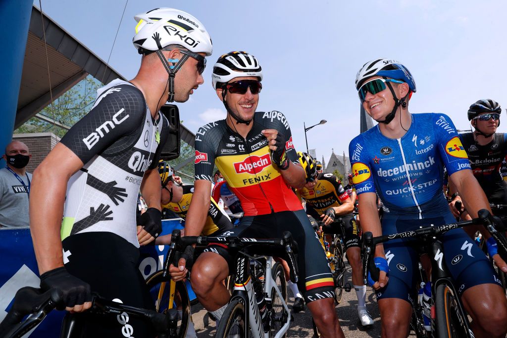 MAARKEDAL BELGIUM JUNE 09 Victor Campenaerts of Belgium and Team Qhubeka Assos Dries De Bondt of Belgium and Team AlpecinFenix Remco Evenepoel of Belgium and Team Deceuninck QuickStep at start during the 90th Baloise Belgium Tour 2021 Stage 1 a 1753km stage from Beveren to Maarkedal baloisebelgiumtour on June 09 2021 in Maarkedal Belgium Photo by Bas CzerwinskiGetty Images