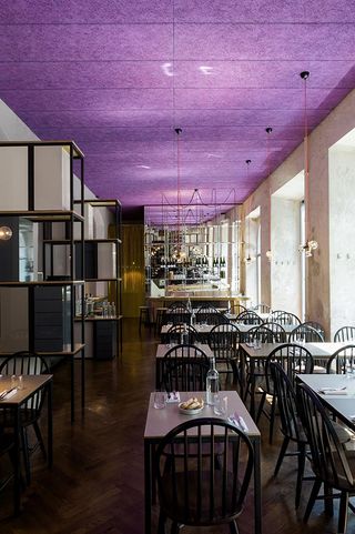 Wooden tables & chairs under purple ceiling