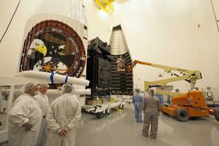 The U.S. Air force's Space Based Infrared System (SBIRS) GEO-2 satellite is encapsulated inside a 4-meter diameter payload fairing in preparation for launch aboard a United Launch Alliance Atlas 5 401 rocket on March 19, 2013 from Cape Canaveral Air Force Station in Florida.