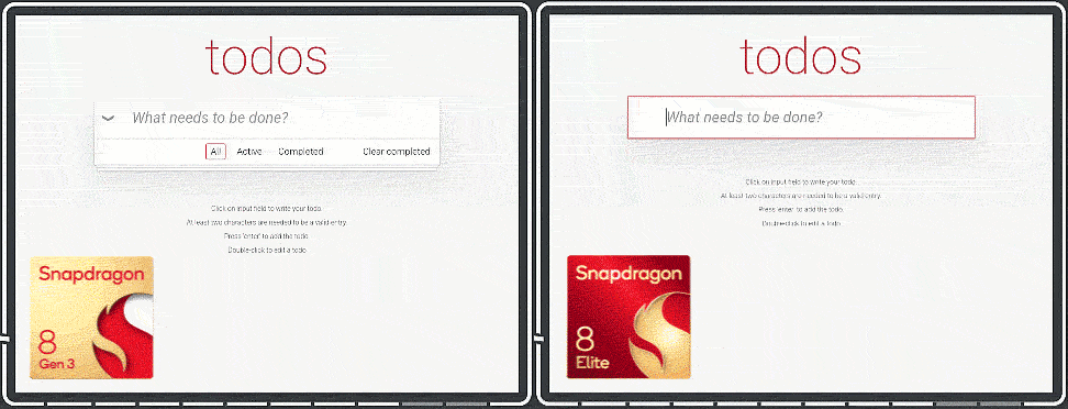 The Speedometer benchmark running on various Snapdragon chips.