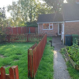 Back garden with lawn, path and wooden fence