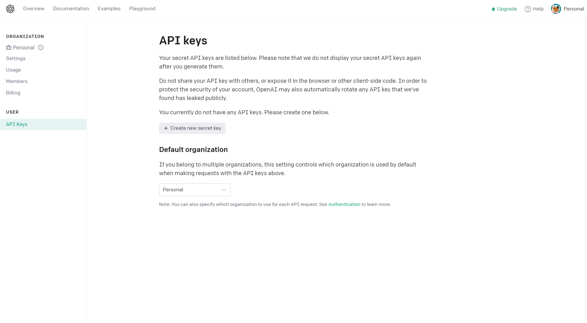 Создание закрытого ключа API OpenAI