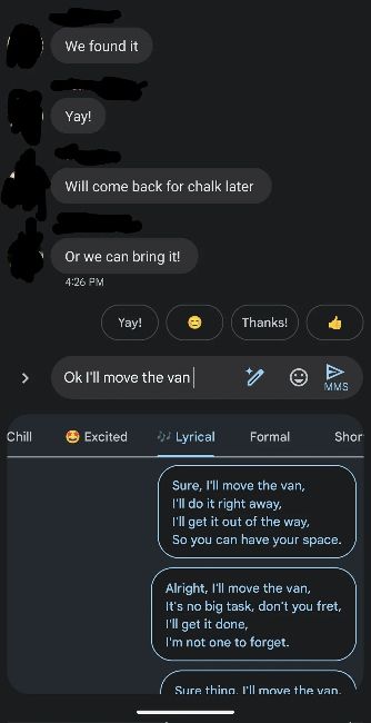 Google Messages Magic Compose offering rewritten drafts with a selection of different styles