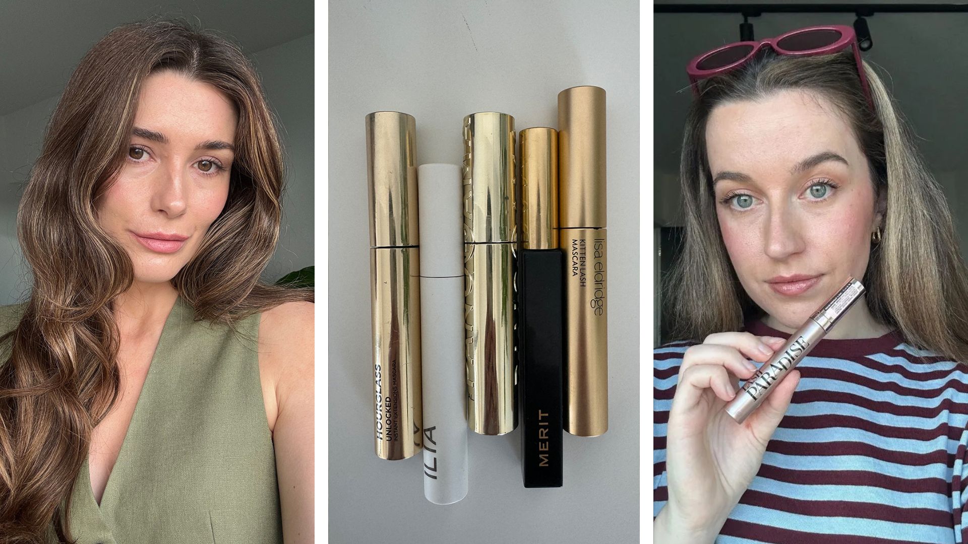 A collage with photos of Eleanor and Grace, and a selection of mascara tubes