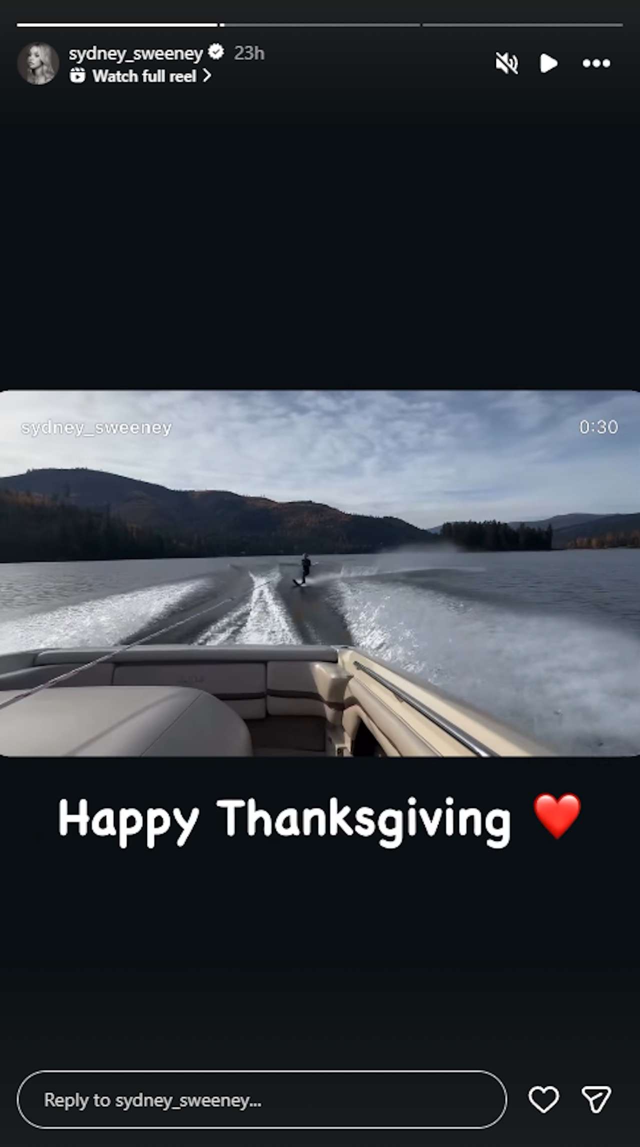 Sydney Sweeney posts a Happy Thanksgiving message with an image of her water skiing.
