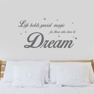 Those Who Dare To Dream Wall Sticker on bedroom wall with wooden bed with white pillows