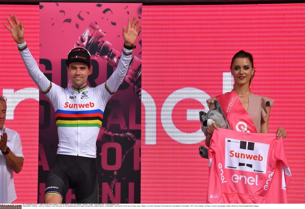 Tom Dumoulin (Sunweb) on the podium after stage 1 at the Giro d'Italia
