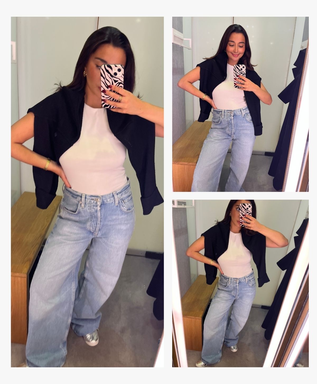 Senior Shopping Editor Marina Avraam wearing Citizen of Humanity's Ayla jeans with a white t-shirt and black jumper on her shoulders.