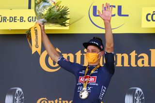 MRDEBRETAGNE GUERLDAN FRANCE JUNE 27 Mathieu Van Der Poel of The Netherlands and Team AlpecinFenix stage winner celebrates at podium during the 108th Tour de France 2021 Stage 2 a 1835km stage from PerrosGuirec to MrdeBretagne Guerldan 293m LeTour TDF2021 on June 27 2021 in MrdeBretagne Guerldan France Photo by Michael SteeleGetty Images