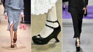 A composite of models on the runway showing shoe trends 2023 mary janes