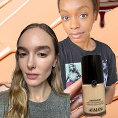 two women with a hand holding a foundation bottle on a cream background