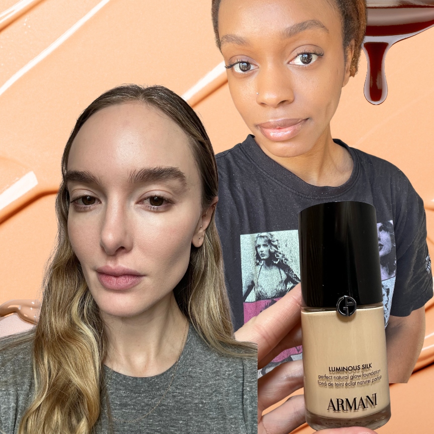 two women with a hand holding a foundation bottle on a cream background