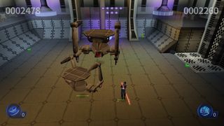 Still from the video game 'Star Wars: Episode I: Jedi Power Battles.' A person wearing black robes is welding a double-ended red lightsaber. He is fighting two large floating platform droids. They are all inside an industrial-looking pit.