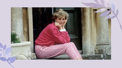 Princess Diana in a pink jumper and gingham trousers sat on the steps at Clarence House holding her face in her hands 