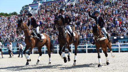 Ros Canter, Tom McEwen and Laura Collett on their victory lap at the Paris 2024 Olympics. All three members of the gold medal-winning team feature among the entries for the 2026 World Championships.