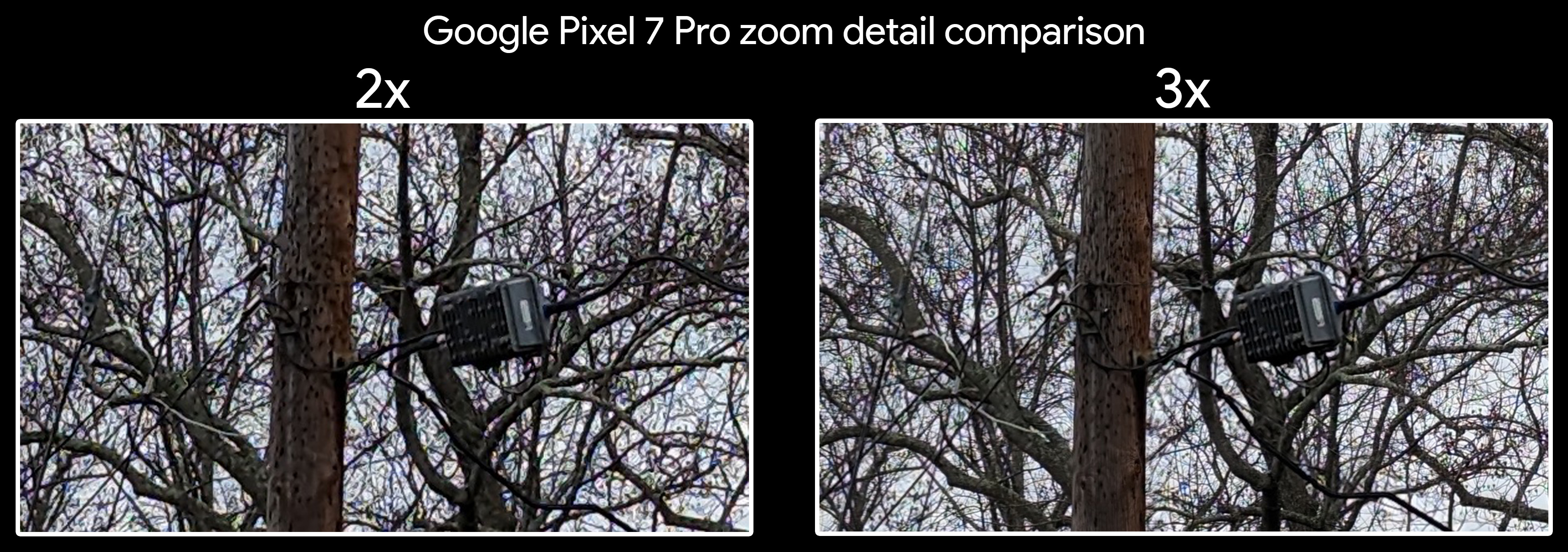 Comparando detalhes de zoom de 2x e 3x em um Google Pixel 7 Pro