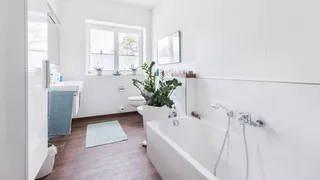 White bathroom with dark wooden floors