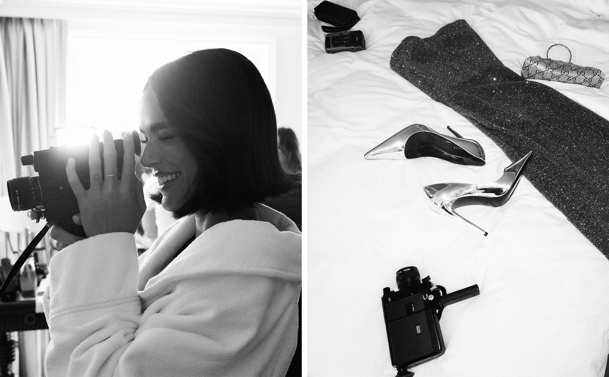 Bruna Marquezine photographed by Dennis Leupold for Who What Wear getting ready for the 2026 Academy Awards. Left image: Marquezine is seeing looking into a camcorder in her white robe. Right image: Marquezine's look, a strapless Gucci dress, silver heels, and purse are laid out on her bed.