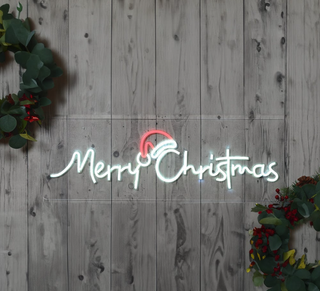 Neon Merry Christmas sign with Santa hat