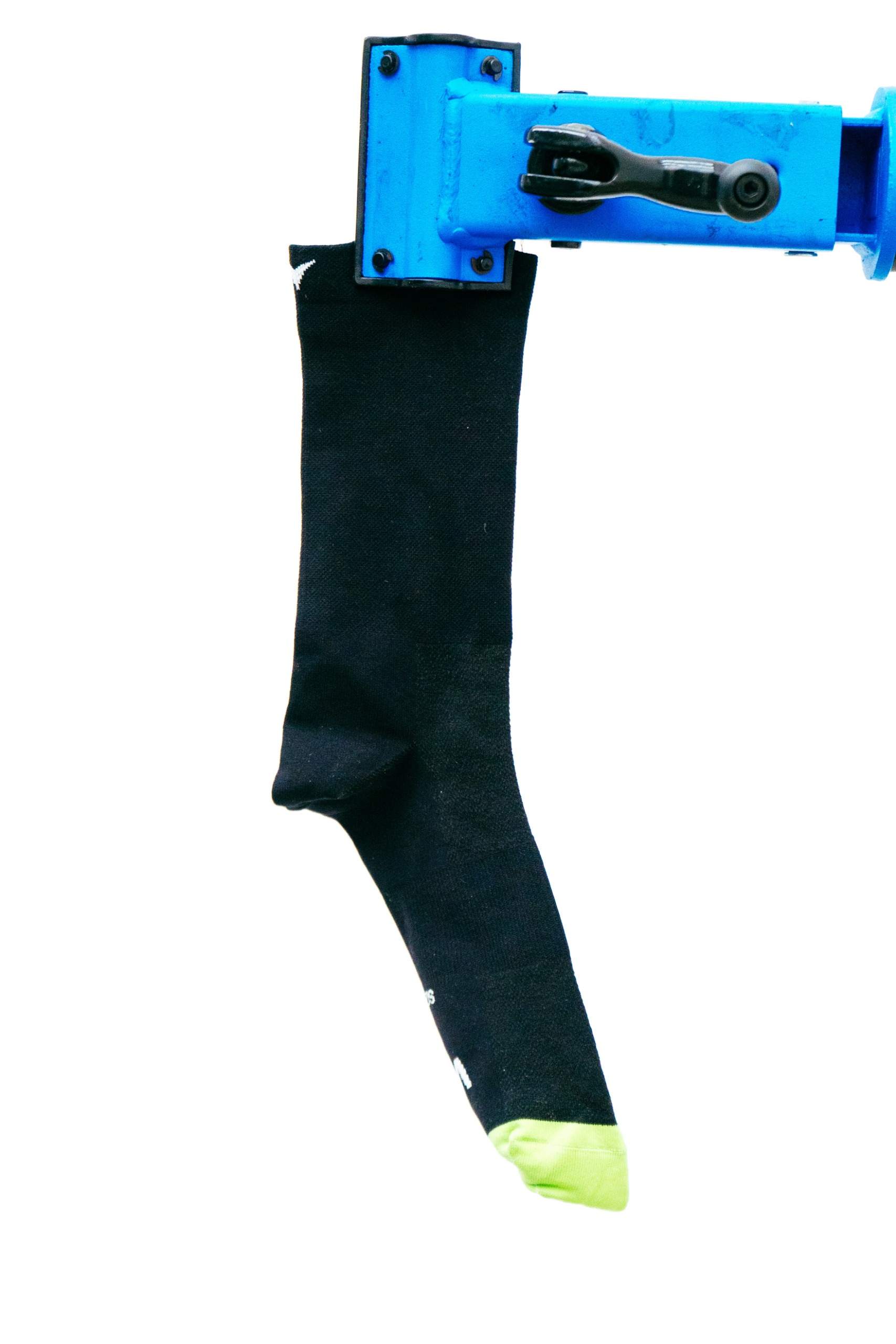 A close up shot of some socks being tested in the wind tunnel