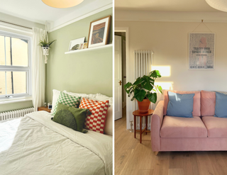 Two images: bedroom with green walls and a white bed, living room with white walls and pink couch