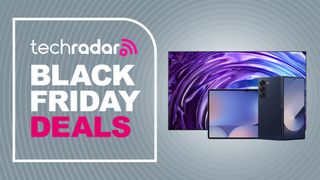 Assorted Samsung products on grey background with techradar black friday deals text overlay