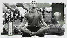 Photo collage of a man meditating cross-legged, looking content. Behind him, various bits of photos show pollution, rising temperatures, protests, and warfare. 