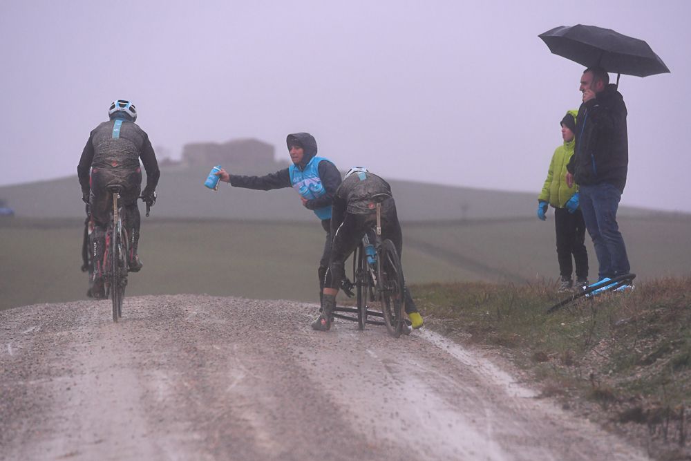 Timely roadside assistance for Team Sky riders at Strade Bianche