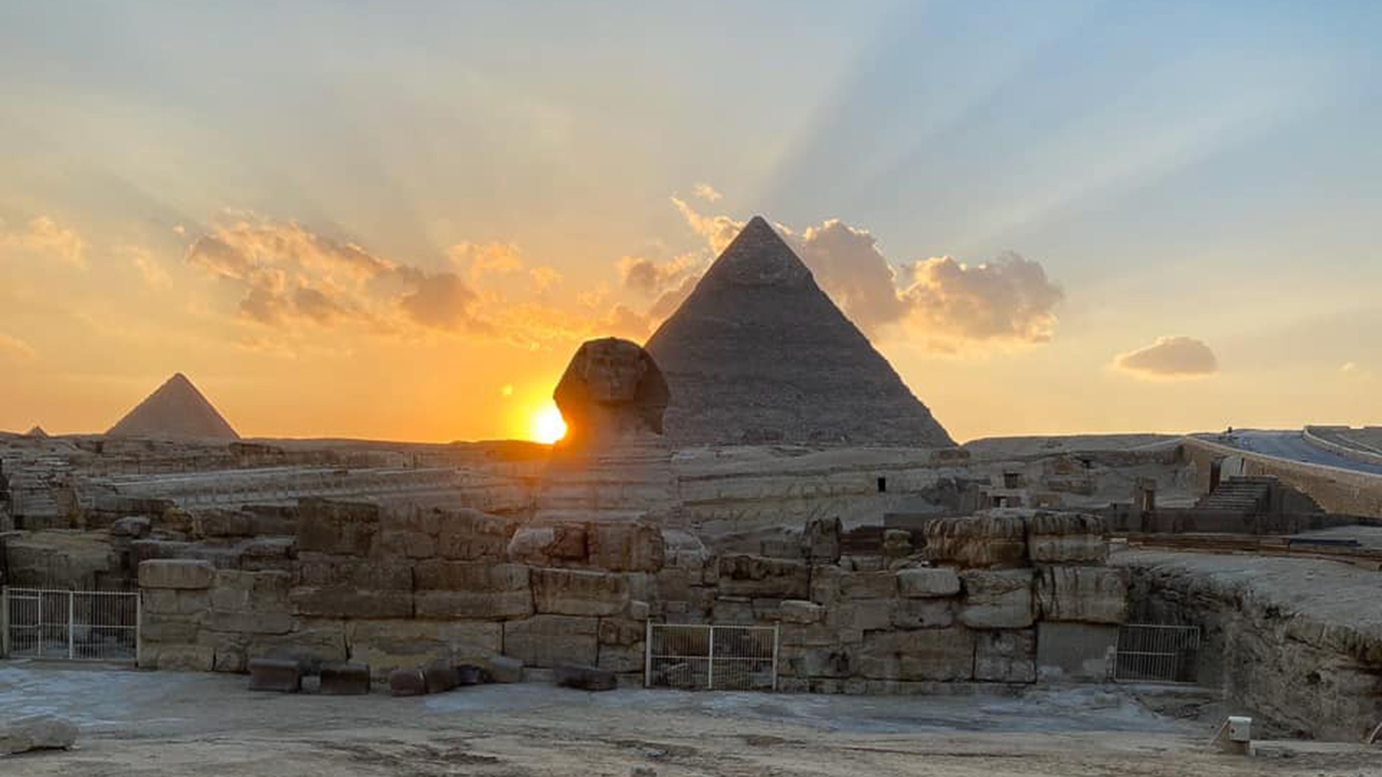 The sun set over the right shoulder of the Sphinx during the spring equinox this year.