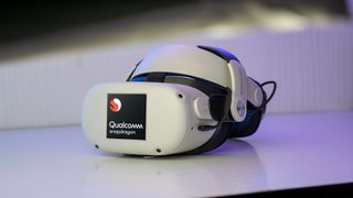 A Meta Quest 2 headset with the Bobo VR M2 head strap attached and a Qualcomm Snapdragon badge on the front
