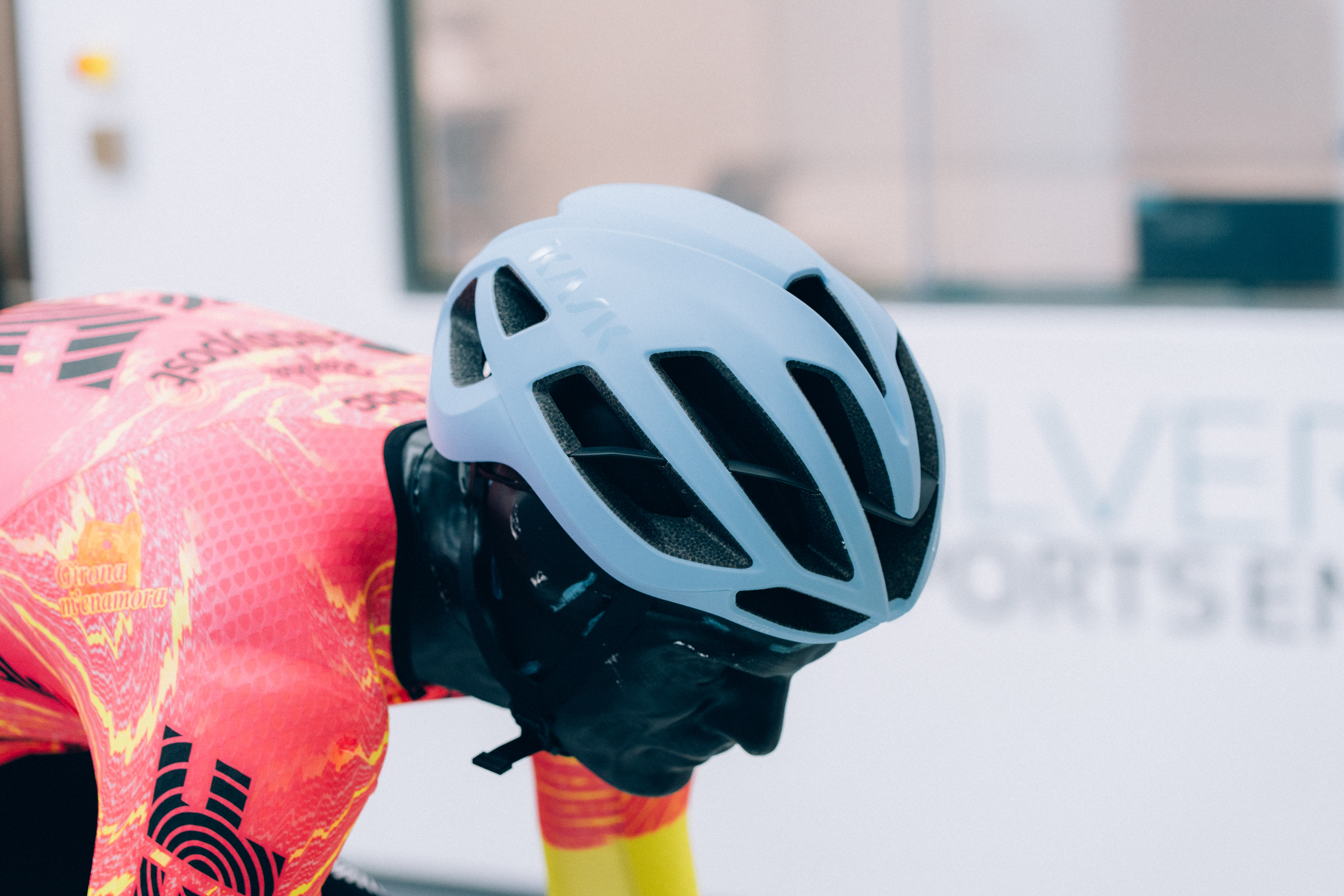 A close up of helmets being tested in the wind tunnel