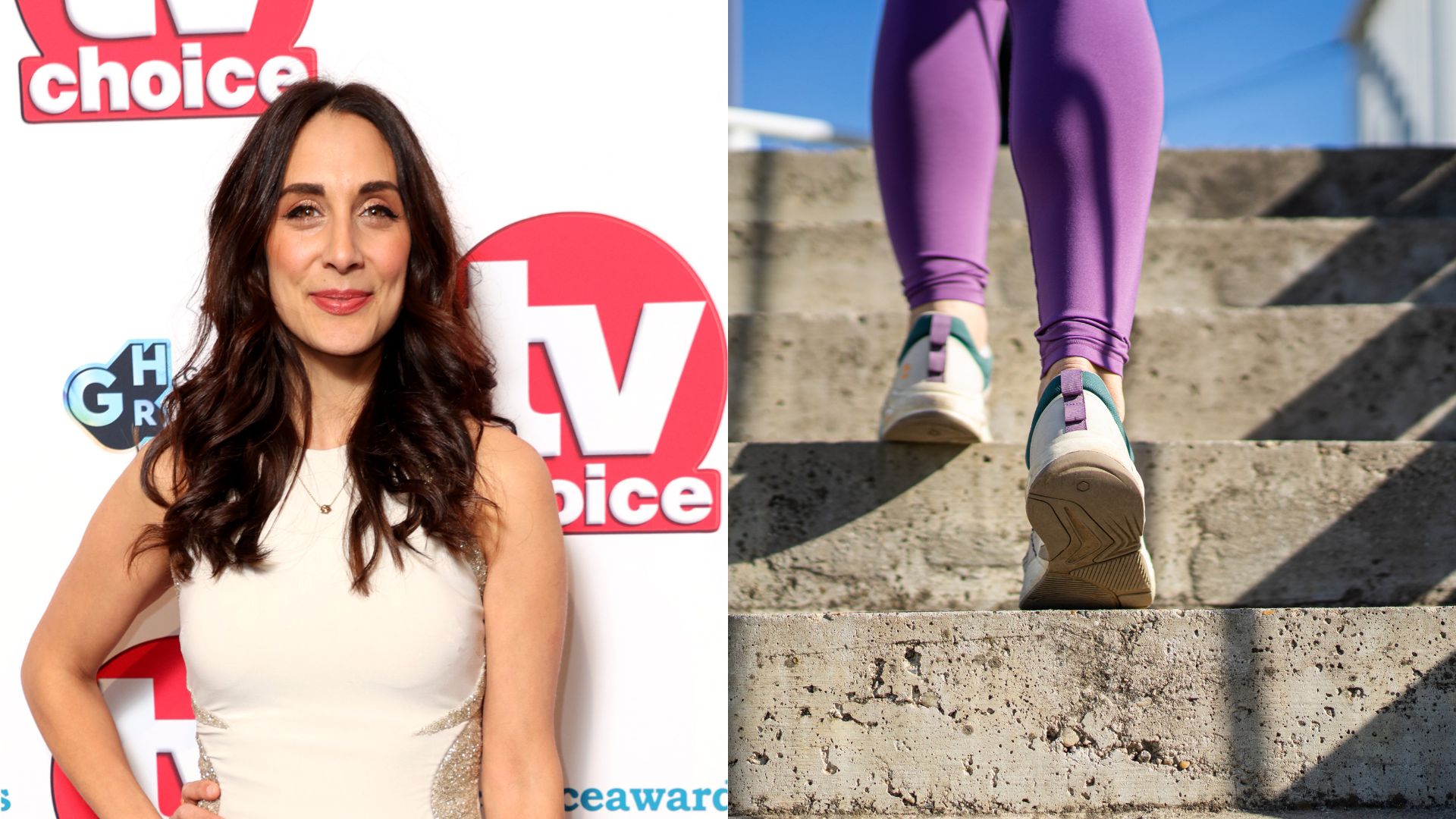 Dr Sara Kayat next to image of woman's legs slow walking up the stairs